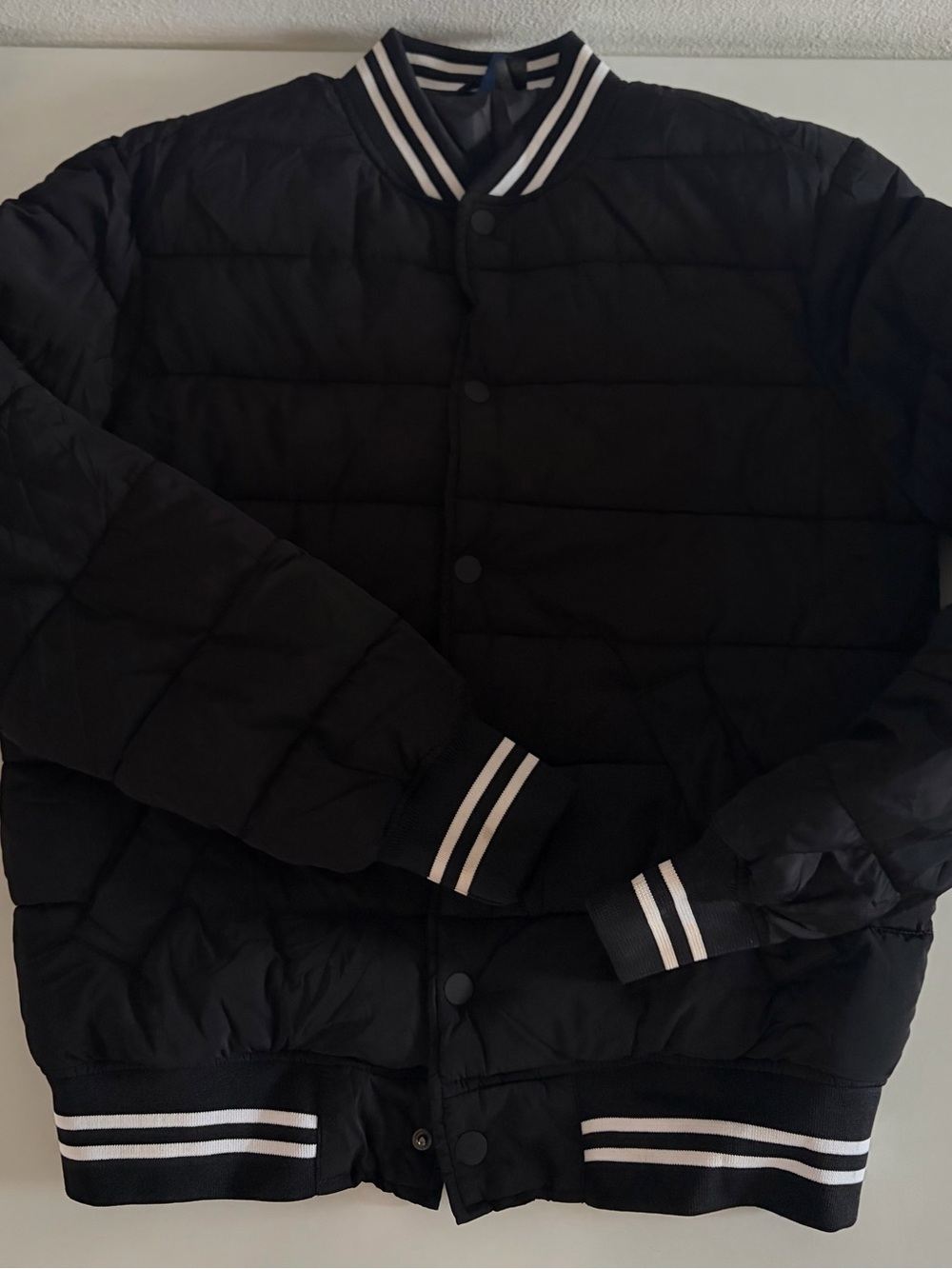 H&M Black Quilted Bomber Jacket with White Stripe Trim